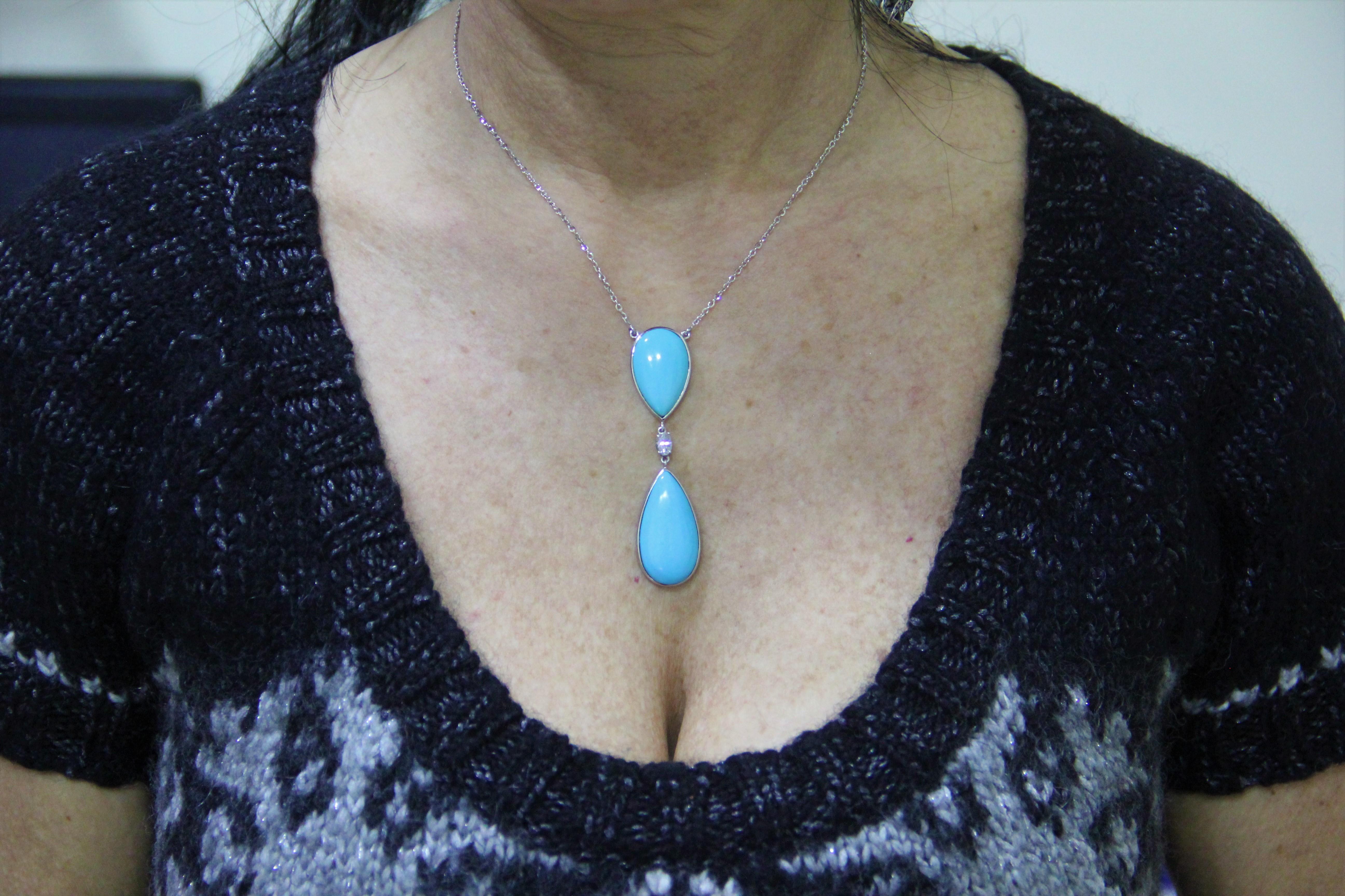 Handcraft Turquoise 18 Karat White Gold Diamonds Drop Necklace For Sale 2