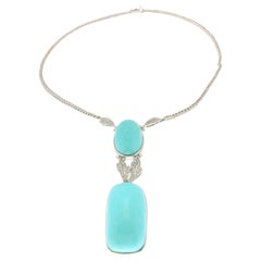Handcraft Turquoise 18 Karat White Gold Diamonds Drop Necklace