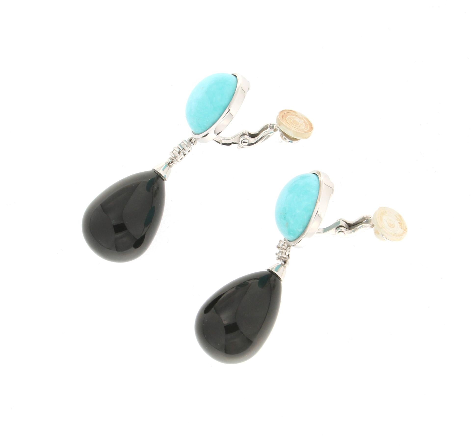 Artisan Handcraft Turquoise 18 Karat White Gold Diamonds Onyx Drop Earrings For Sale