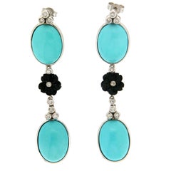 Handcraft Turquoise 18 Karat White Gold Diamonds Onyx Drop Earrings