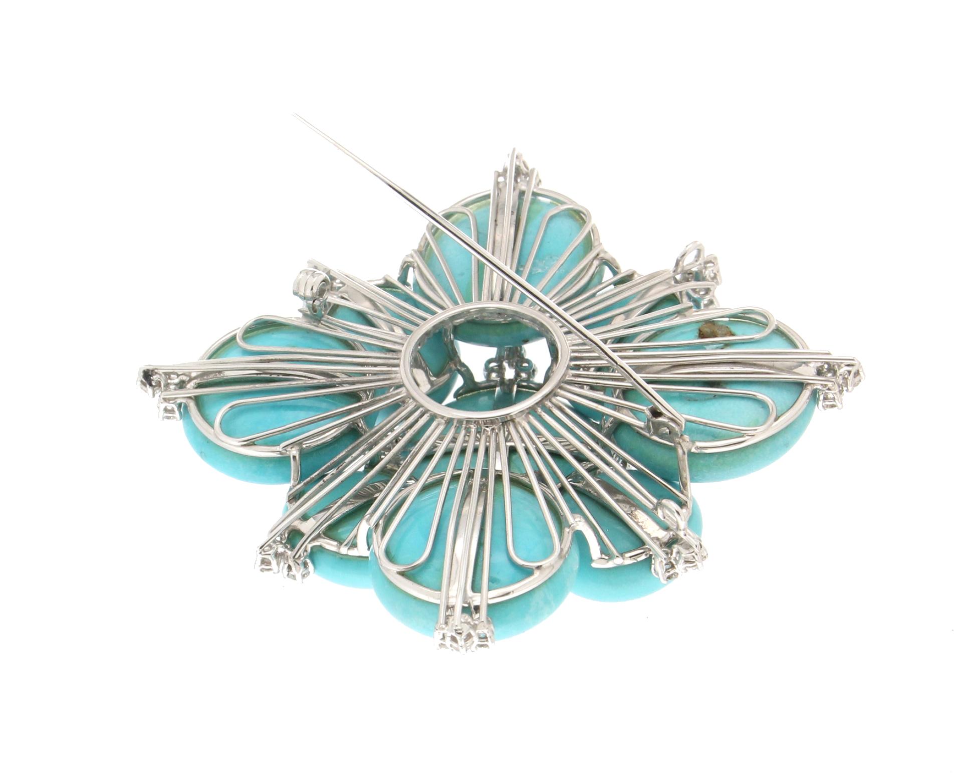 Artisan Handcraft Turquoise 18 Karat White Gold Diamonds Pendant Necklace and Brooch