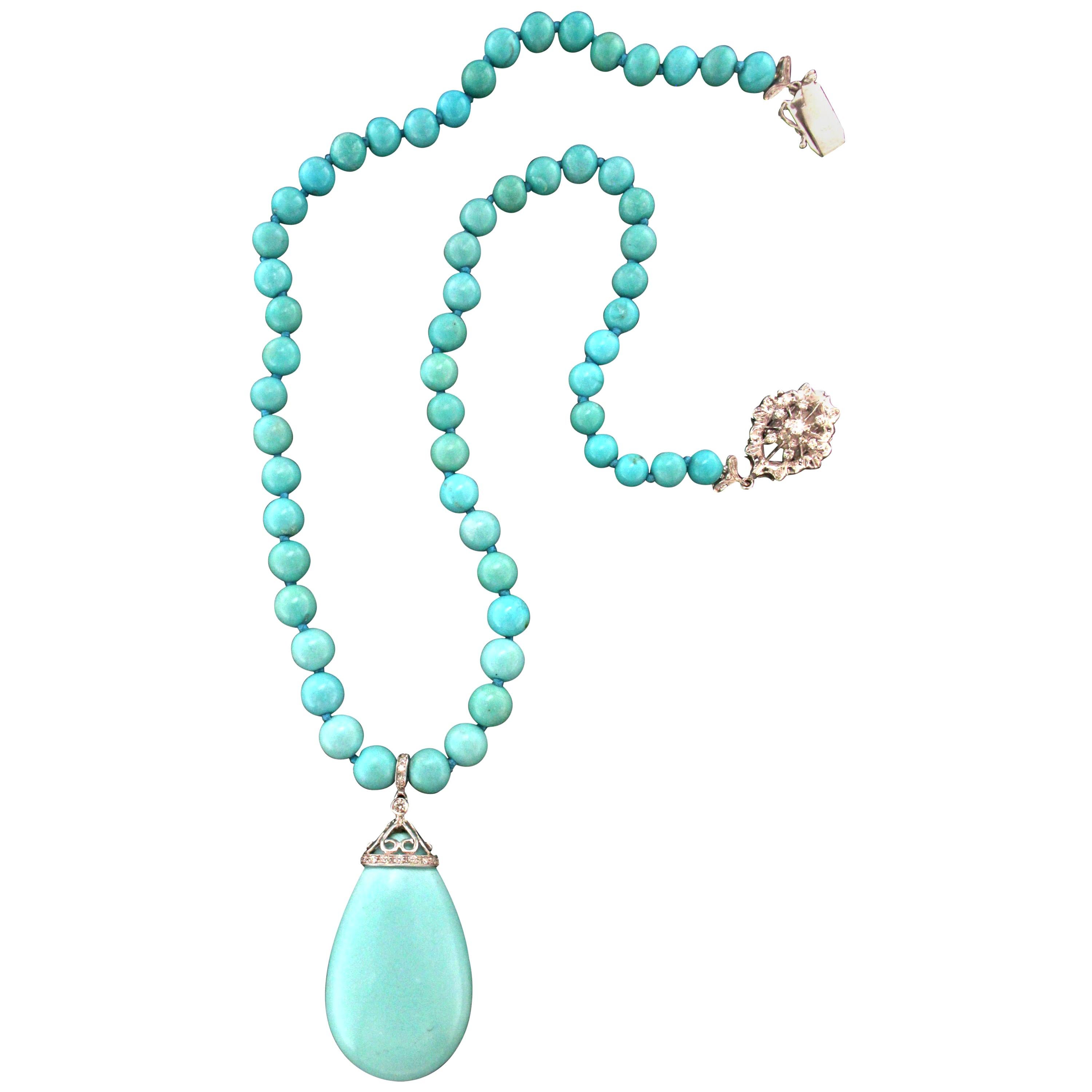 Handcraft Turquoise 18 Karat White Gold Diamonds Pendant Necklace