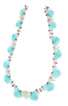 Handgefertigte Türkis 18 Karat Weißgold Diamanten Rubin Choker Halskette