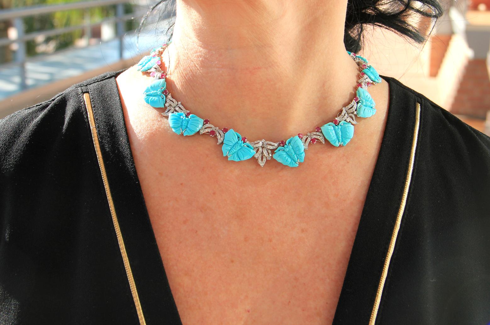 Artisan Handcraft Turquoise 18 Karat White Gold Diamonds Ruby Choker Necklace For Sale