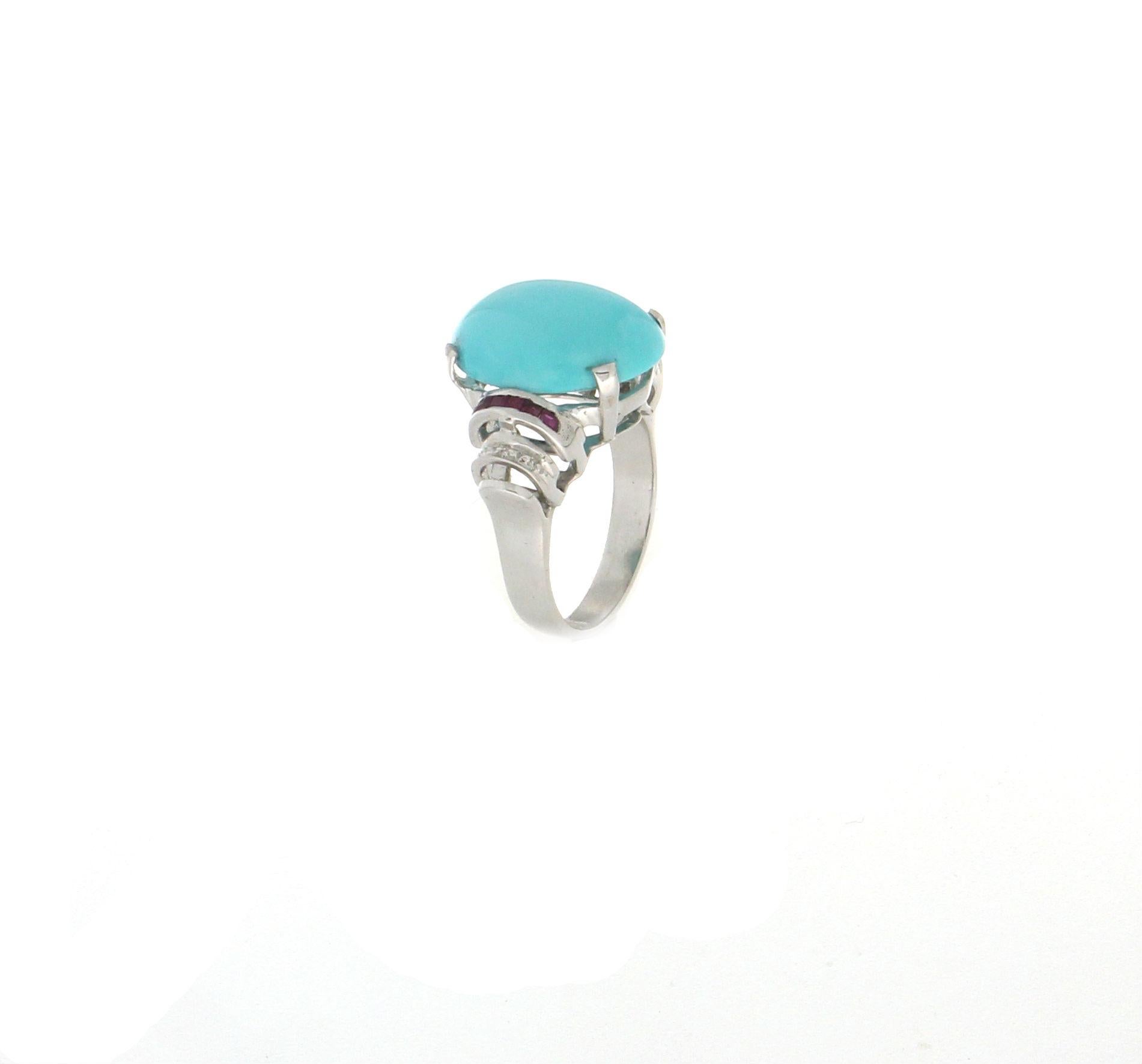 Handcraft Turquoise 18 Karat White Gold Diamonds Ruby Cocktail Ring In New Condition In Marcianise, IT
