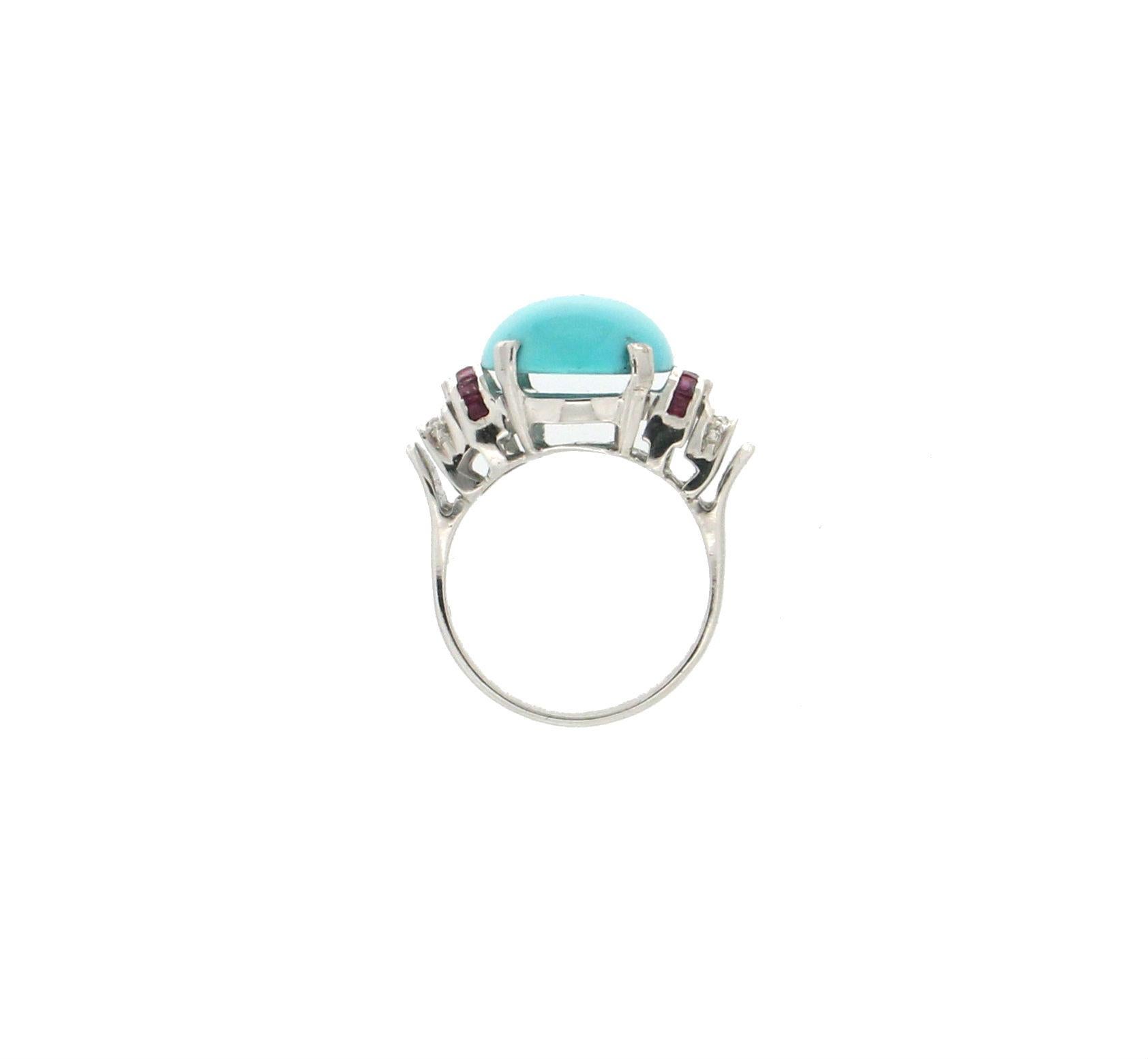 Women's or Men's Handcraft Turquoise 18 Karat White Gold Diamonds Ruby Cocktail Ring