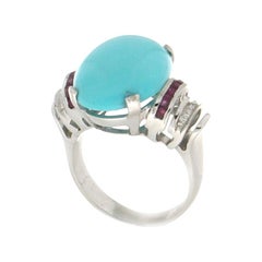 Handcraft Turquoise 18 Karat White Gold Diamonds Ruby Cocktail Ring