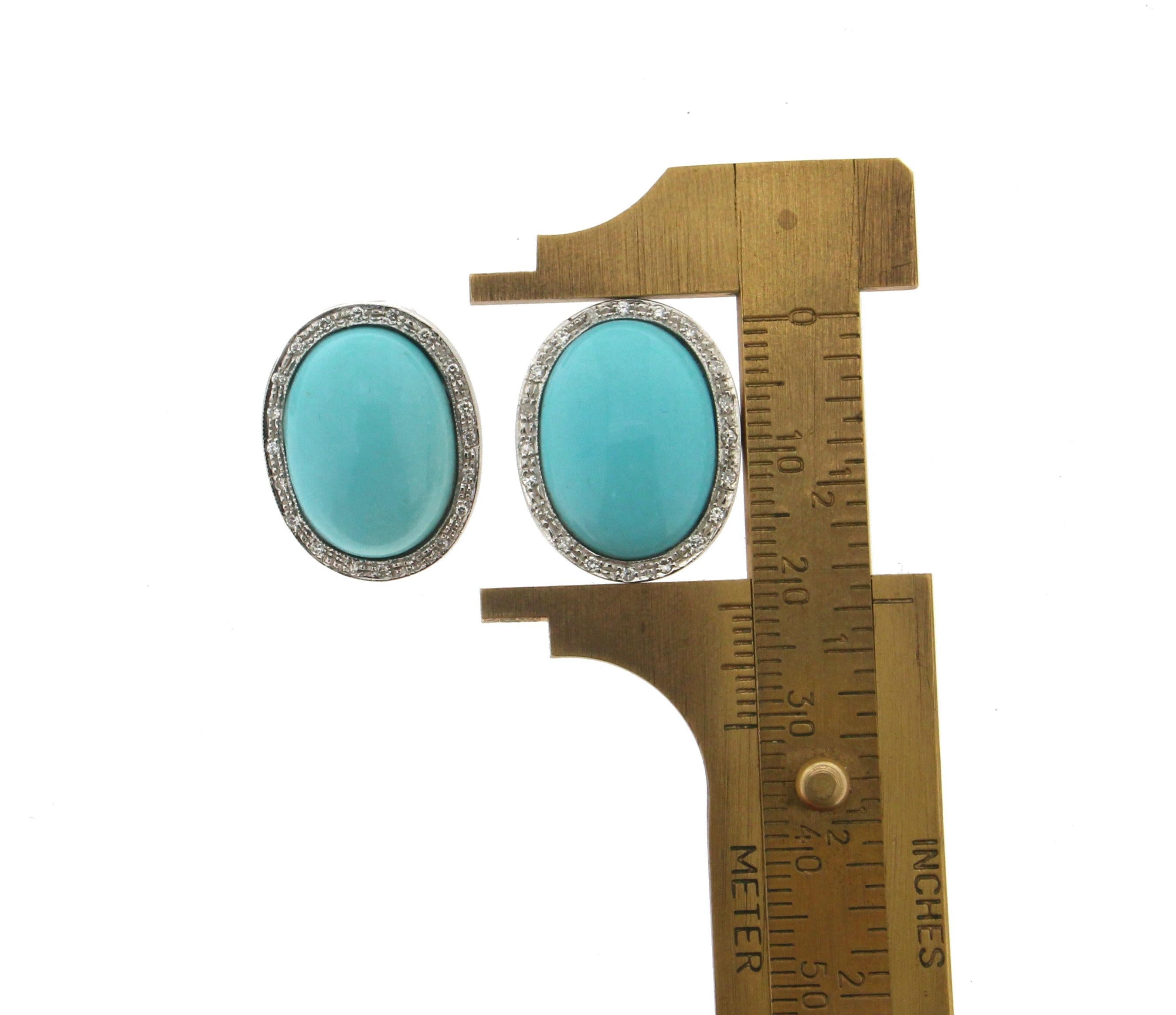 Handcraft Turquoise 18 Karat White Gold Diamonds Stud Earrings In New Condition In Marcianise, IT