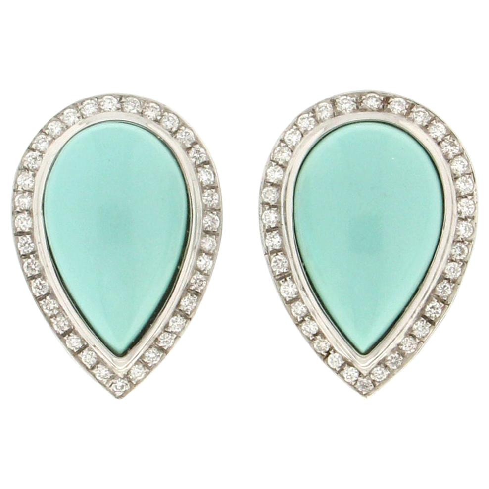 Handcraft Turquoise 18 Karat White Gold Diamonds Stud Earrings For Sale