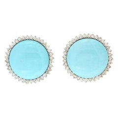Handcraft Turquoise 18 Karat White Gold Diamonds Stud Earrings