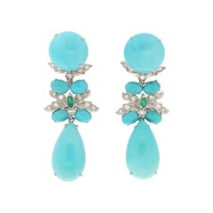 Handcraft Turquoise 18 Karat White Gold Emeralds Diamonds Drop Earrings
