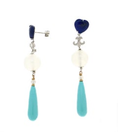 Handcraft Turquoise 18 Karat White Gold Lapis Moonstones Diamonds Drop Earrings