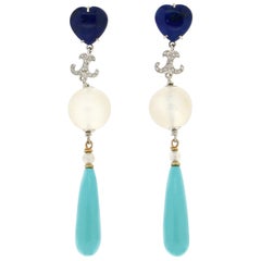 Handcraft Turquoise 18 Karat White Gold Lapis Moonstones Diamonds Drop Earrings