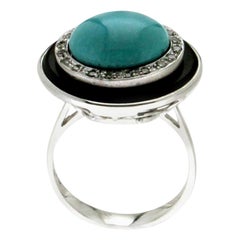 Handcraft Turquoise 18 Karat White Gold Onyx Diamonds Cocktail Ring