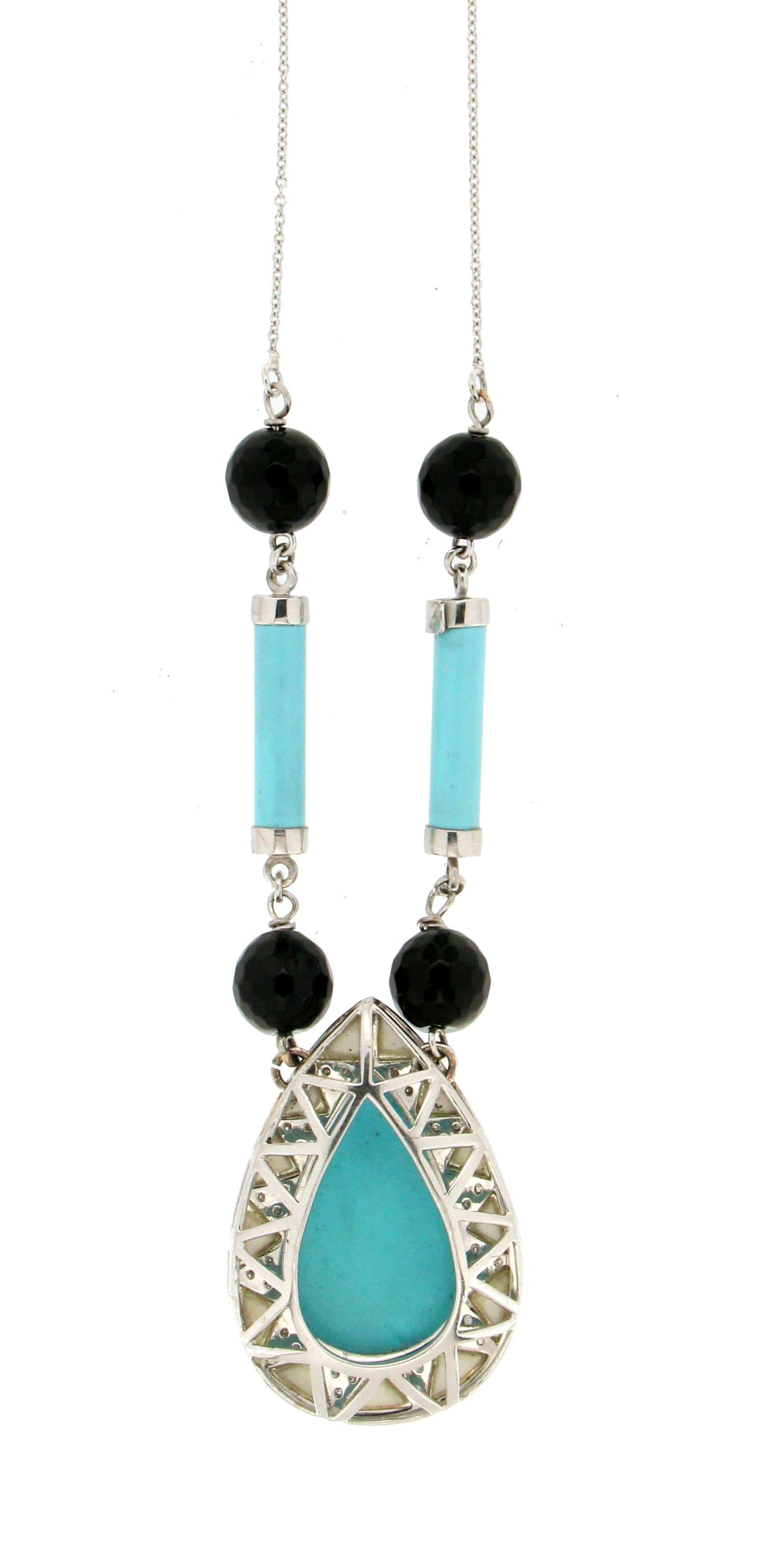 Artisan Handcraft Turquoise 18 Karat White Gold Onyx Diamonds Pendant Necklace For Sale