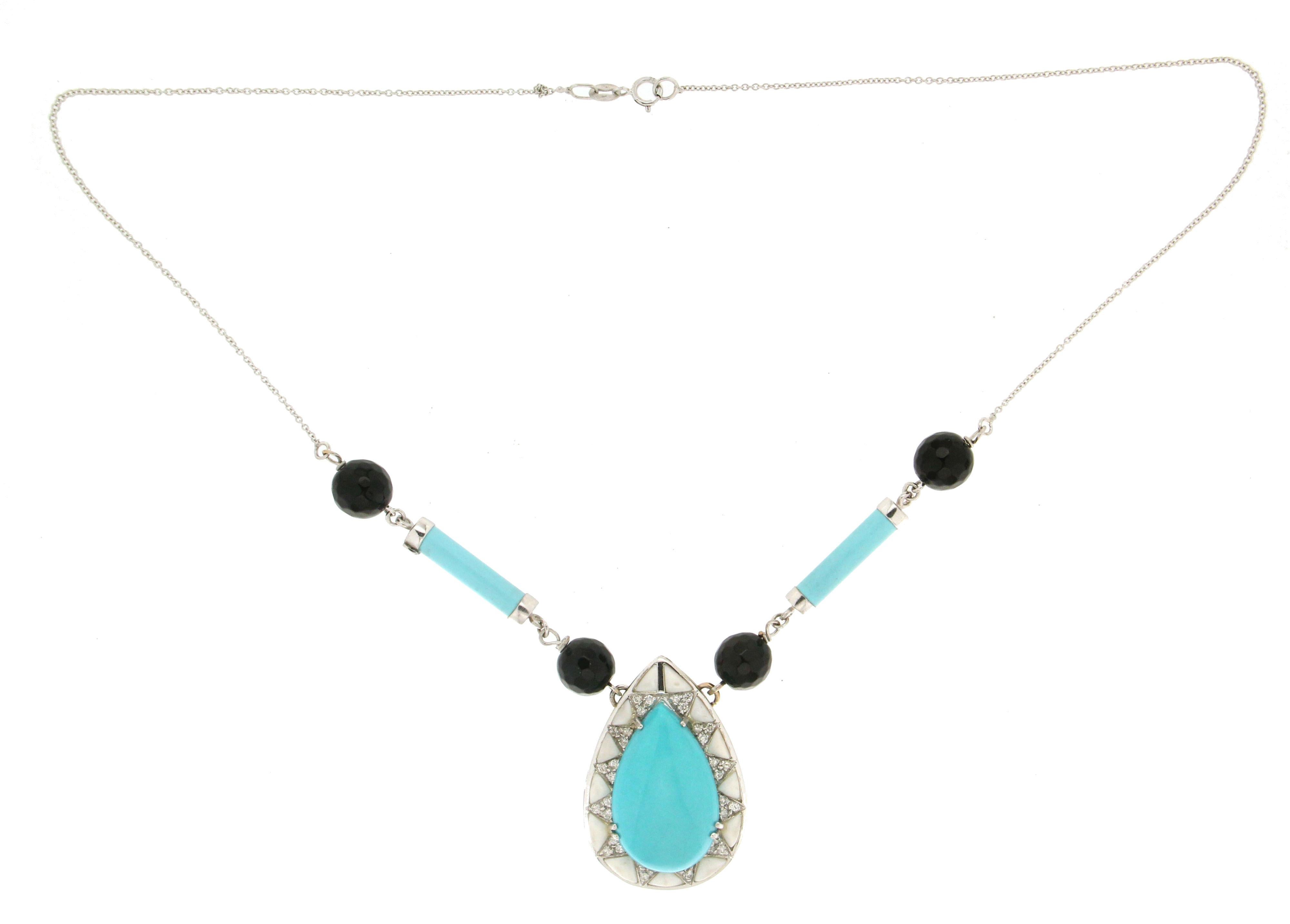 Brilliant Cut Handcraft Turquoise 18 Karat White Gold Onyx Diamonds Pendant Necklace For Sale