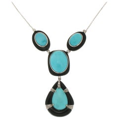 Handcraft Turquoise 18 Karat White Gold Onyx Diamonds Pendant Necklace