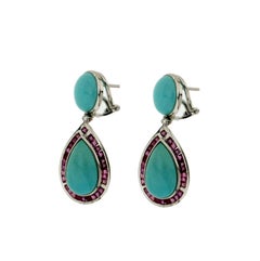 Handcraft Turquoise 18 Karat White Gold Ruby Diamonds Drop Earrings