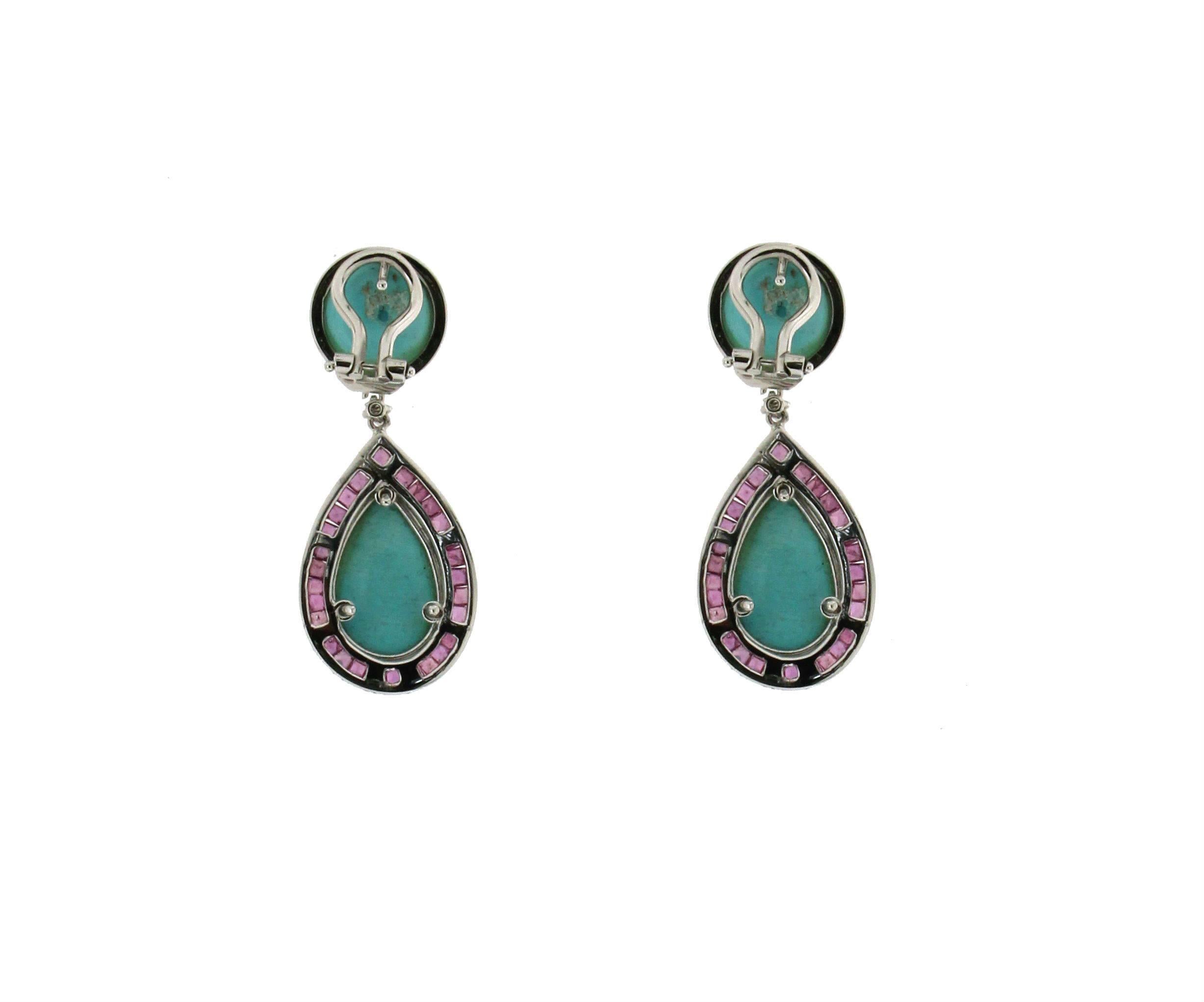 Artisan Handcraft Turquoise 18 Karat White Gold Ruby Diamonds Drop Earrings For Sale