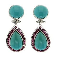 Handcraft Turquoise 18 Karat White Gold Ruby Diamonds Drop Earrings