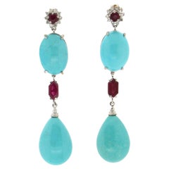 Handcraft Turquoise 18 Karat White Gold Ruby Diamonds Drop Earrings