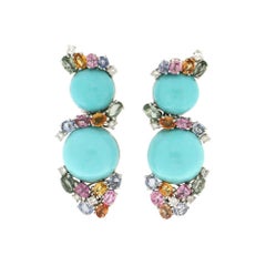 Handcraft Turquoise 18 Karat White Gold Sapphires and Diamonds Drop Earrings