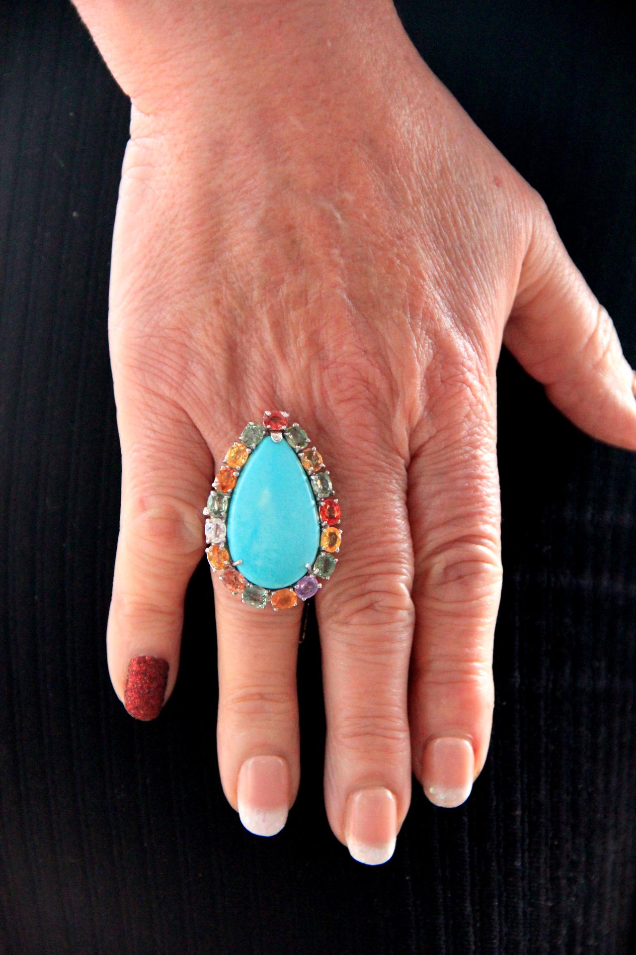 Handcraft Turquoise 18 Karat White Gold Sapphires Cocktail Ring For Sale 6