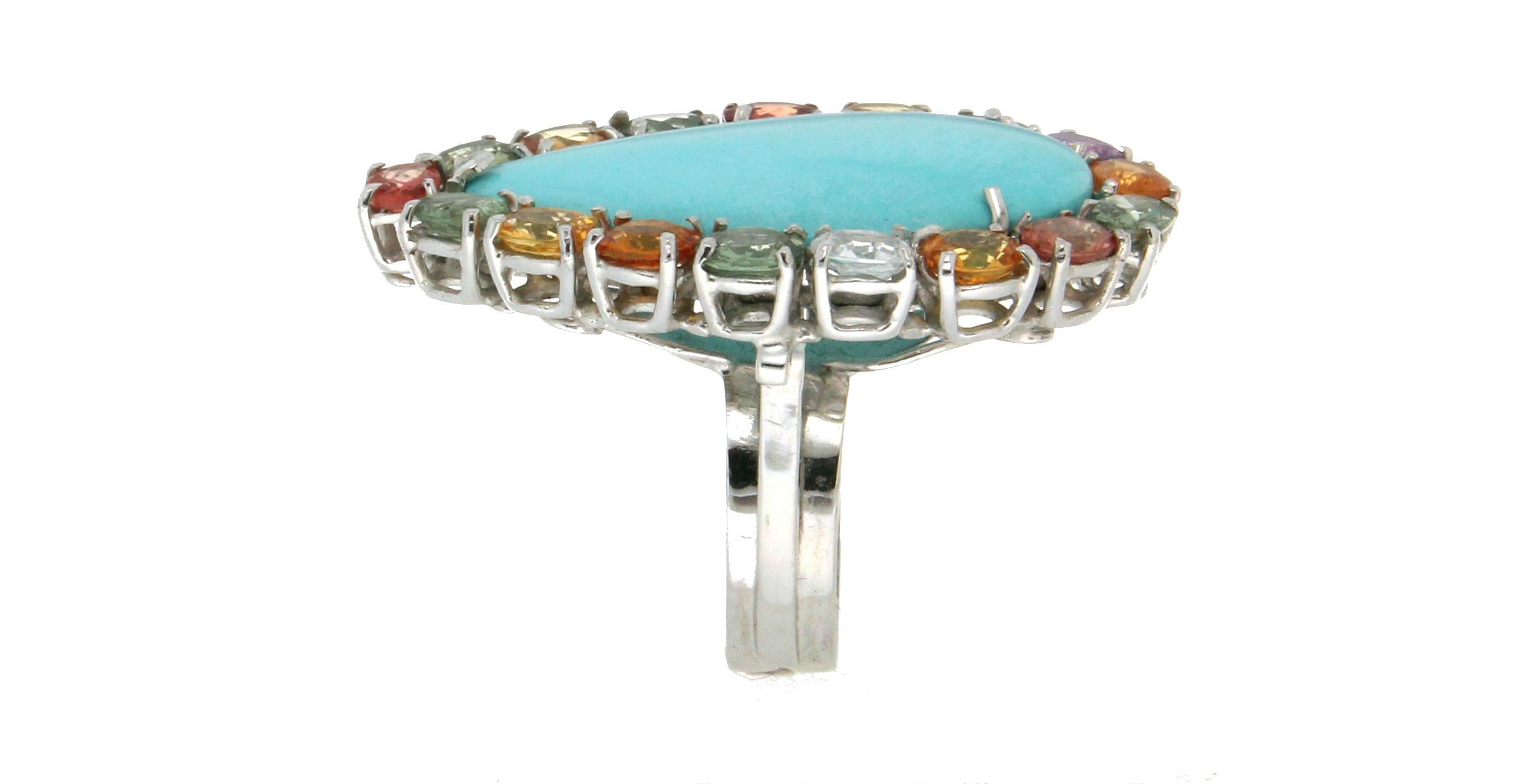 Mixed Cut Handcraft Turquoise 18 Karat White Gold Sapphires Cocktail Ring For Sale