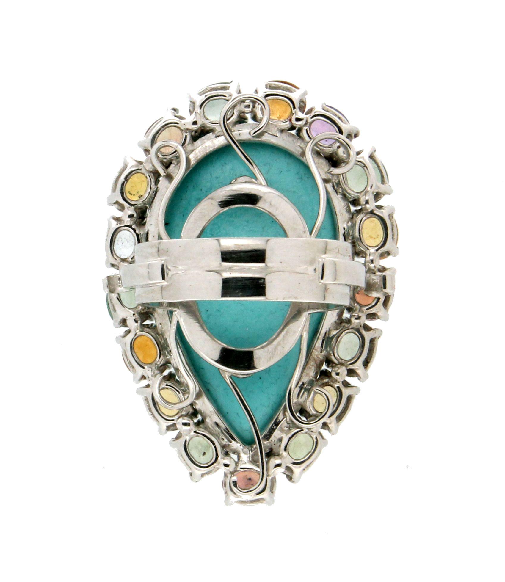 Handcraft Turquoise 18 Karat White Gold Sapphires Cocktail Ring In New Condition For Sale In Marcianise, IT