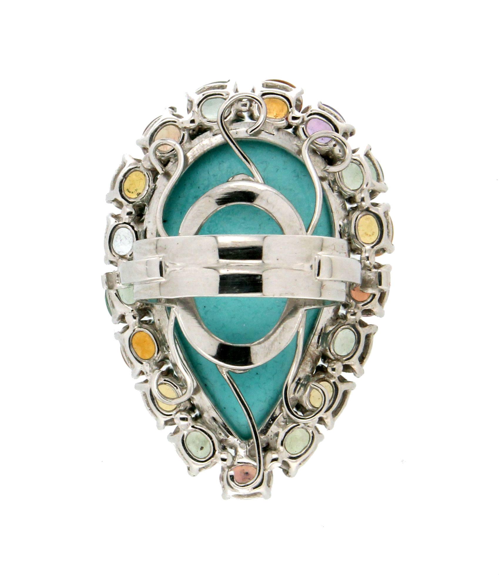 Handcraft Turquoise 18 Karat White Gold Sapphires Cocktail Ring In New Condition For Sale In Marcianise, IT