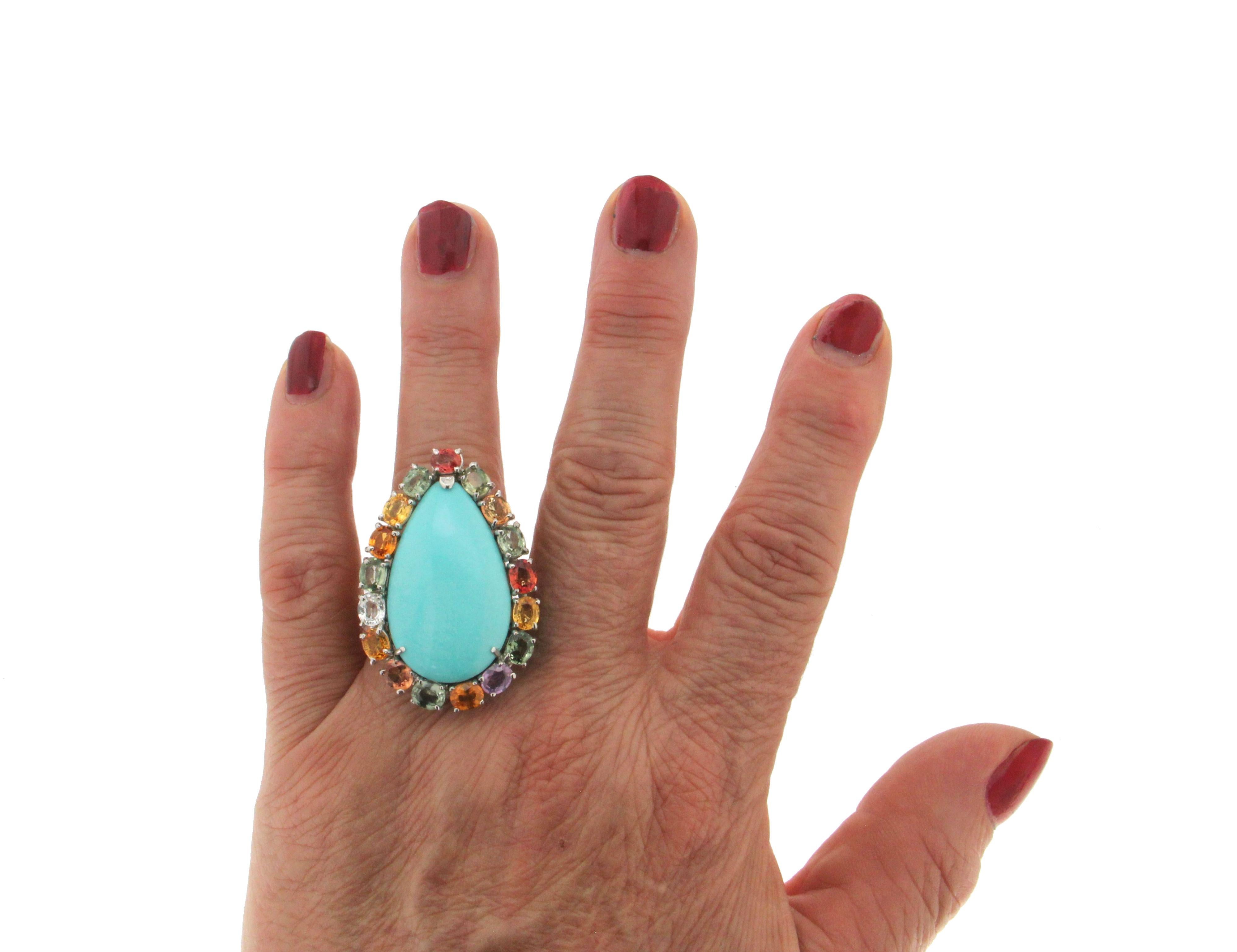 Handcraft Turquoise 18 Karat White Gold Sapphires Cocktail Ring For Sale 2