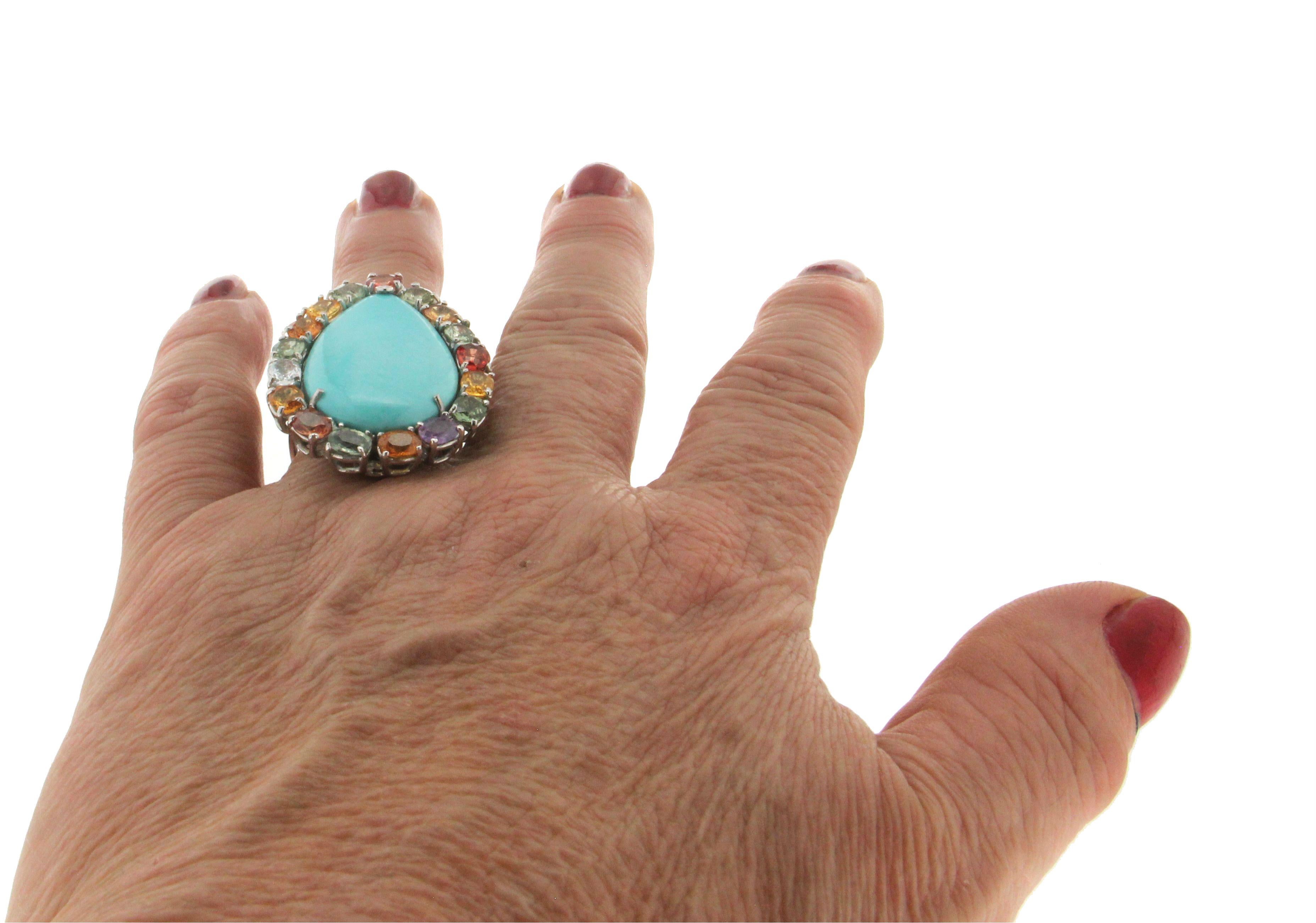 Handcraft Turquoise 18 Karat White Gold Sapphires Cocktail Ring For Sale 3