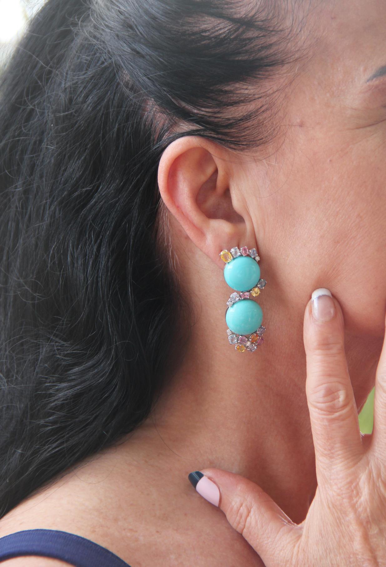 Handcraft Turquoise 18 Karat White Gold Sapphires Diamonds Stud Earrings 4