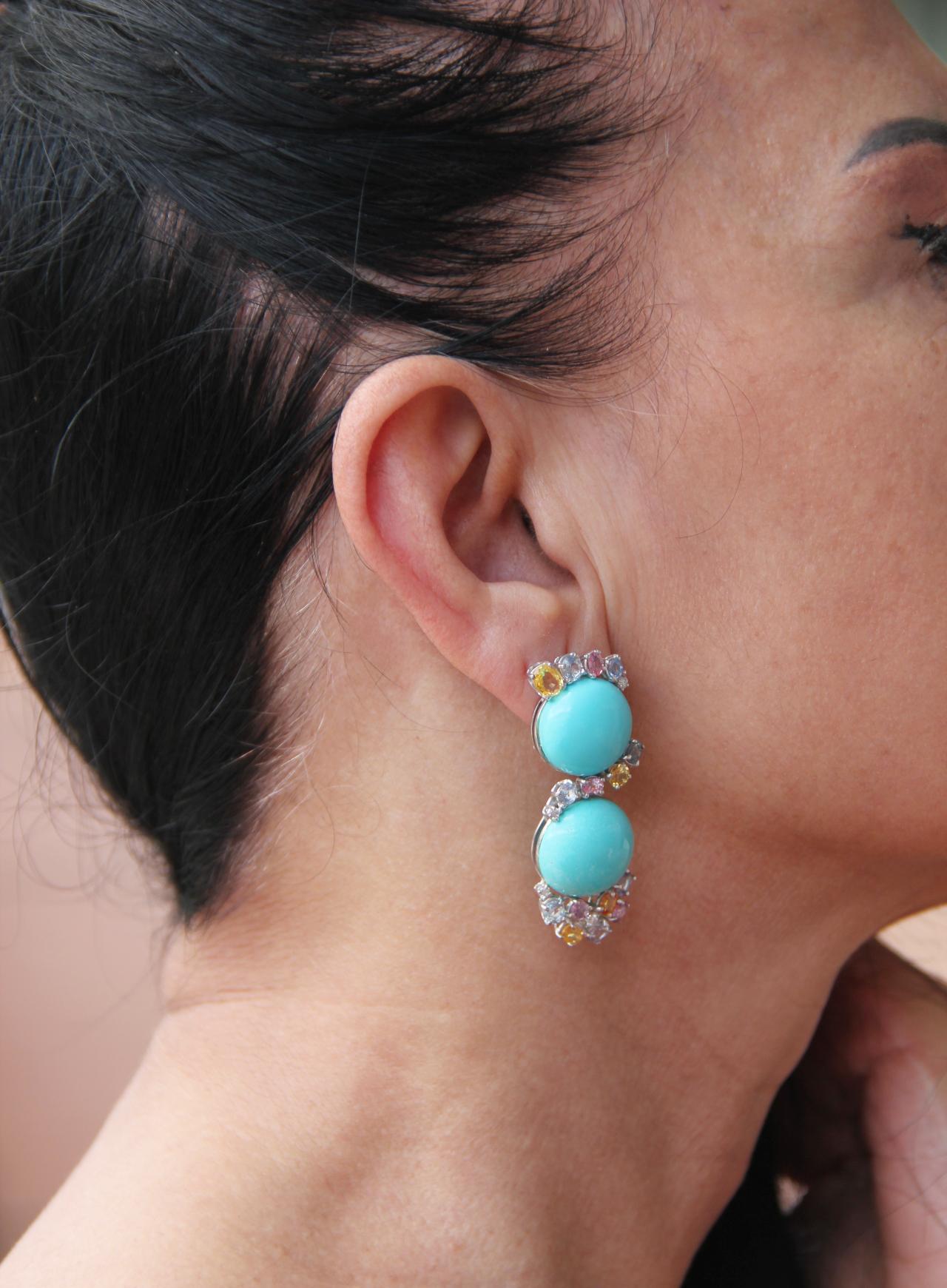 Handcraft Turquoise 18 Karat White Gold Sapphires Diamonds Stud Earrings 6