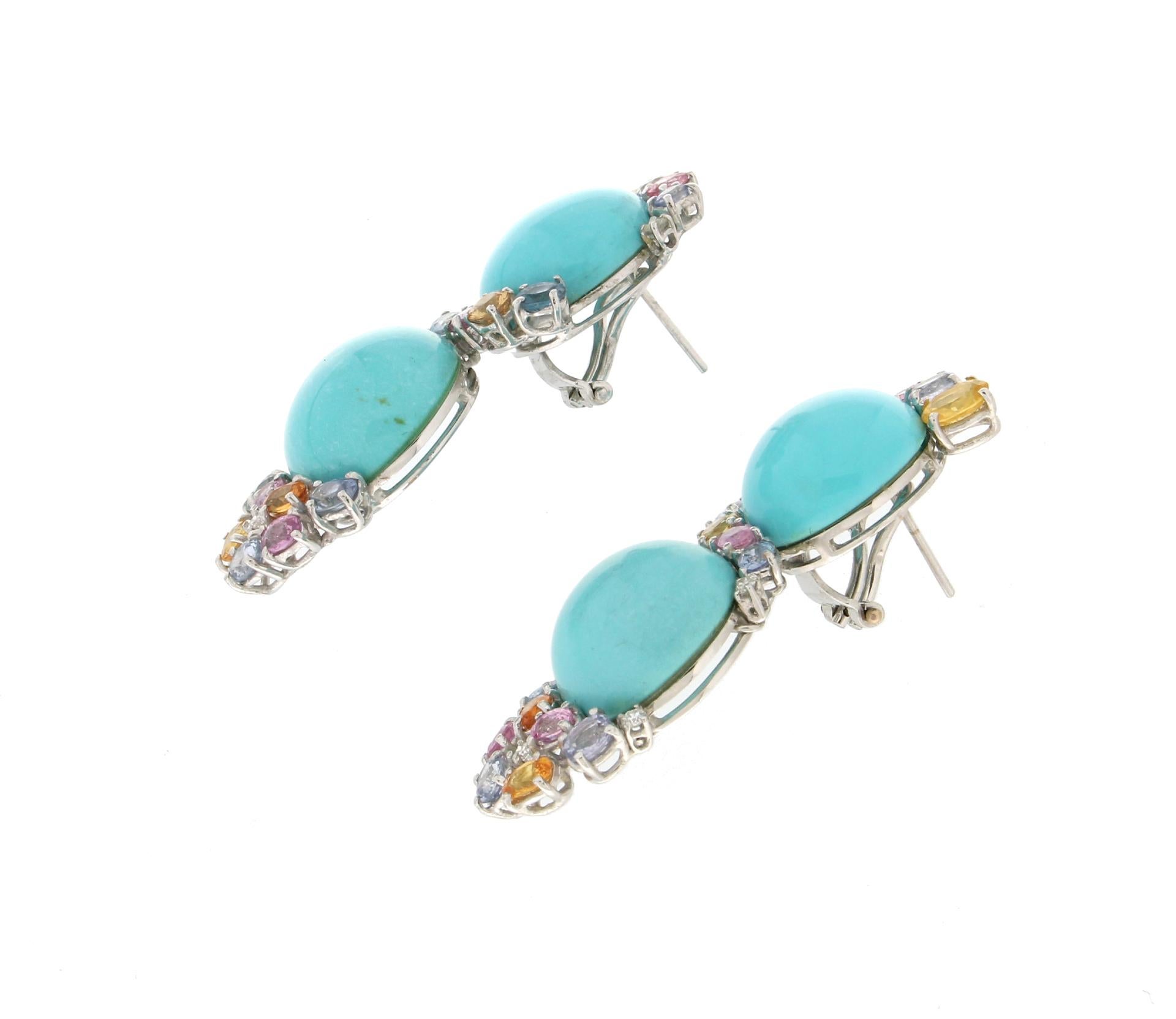 Artisan Handcraft Turquoise 18 Karat White Gold Sapphires Diamonds Stud Earrings