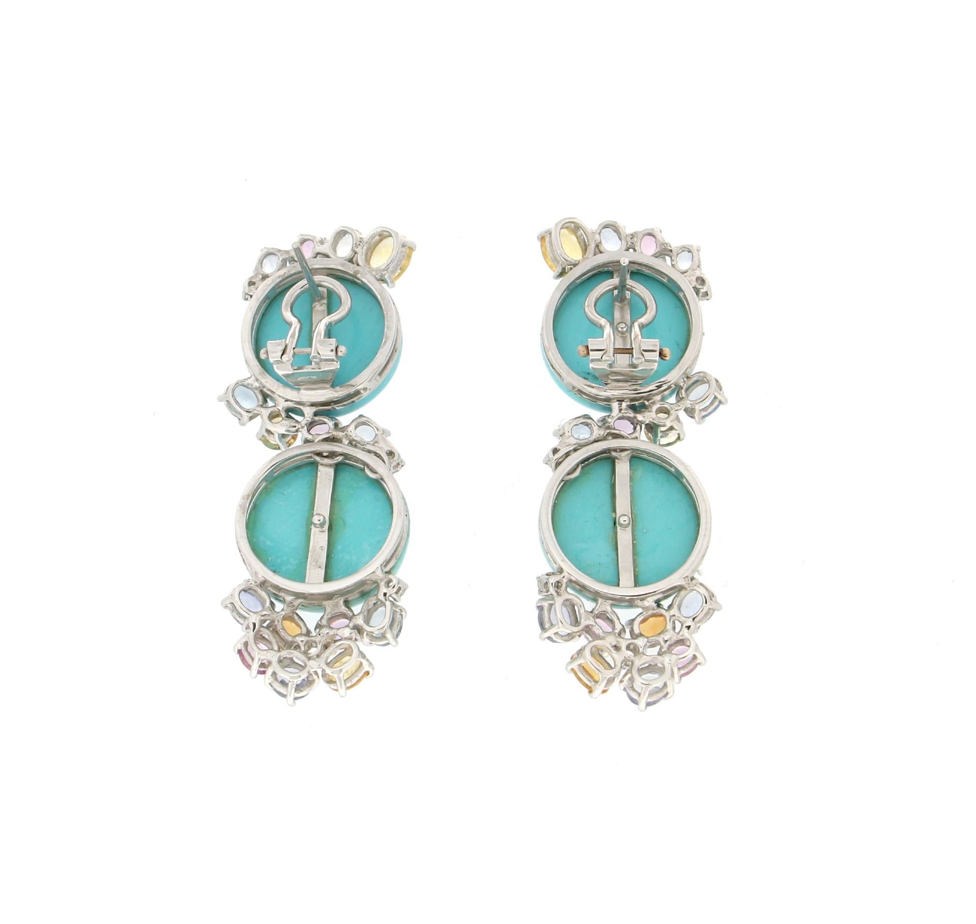 Handcraft Turquoise 18 Karat White Gold Sapphires Diamonds Stud Earrings In New Condition In Marcianise, IT