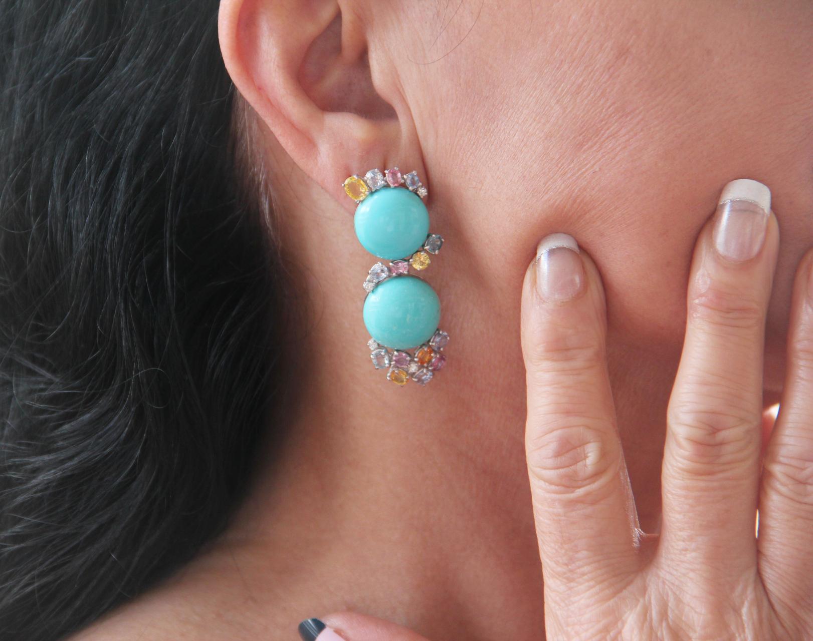 Handcraft Turquoise 18 Karat White Gold Sapphires Diamonds Stud Earrings 3
