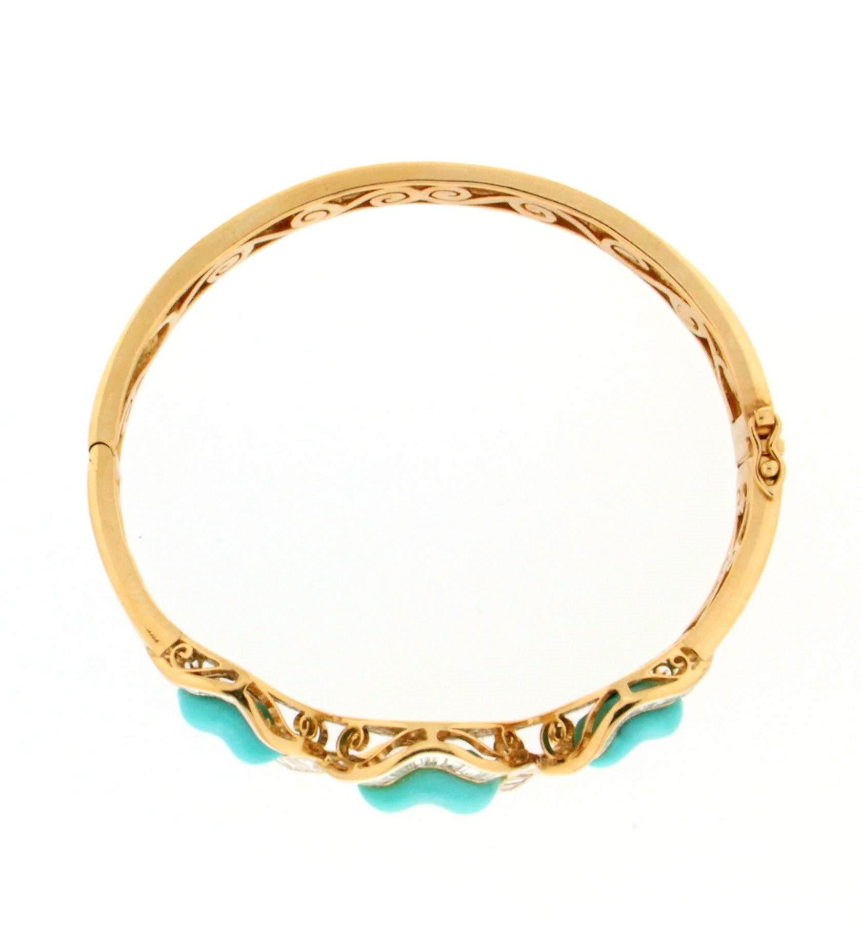 Handcraft Turquoise 18 Karat Yellow Gold Baguette Diamonds Bangle Bracelet In New Condition For Sale In Marcianise, IT
