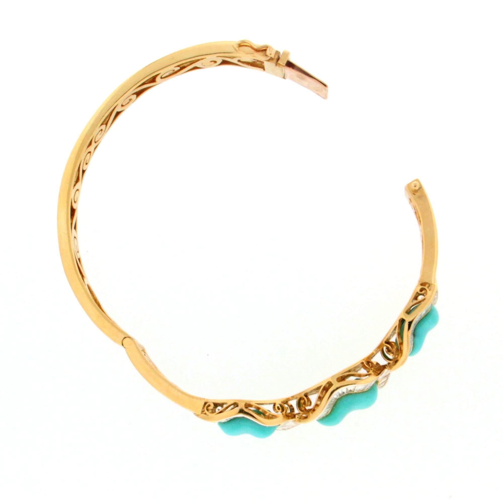 Women's Handcraft Turquoise 18 Karat Yellow Gold Baguette Diamonds Bangle Bracelet For Sale