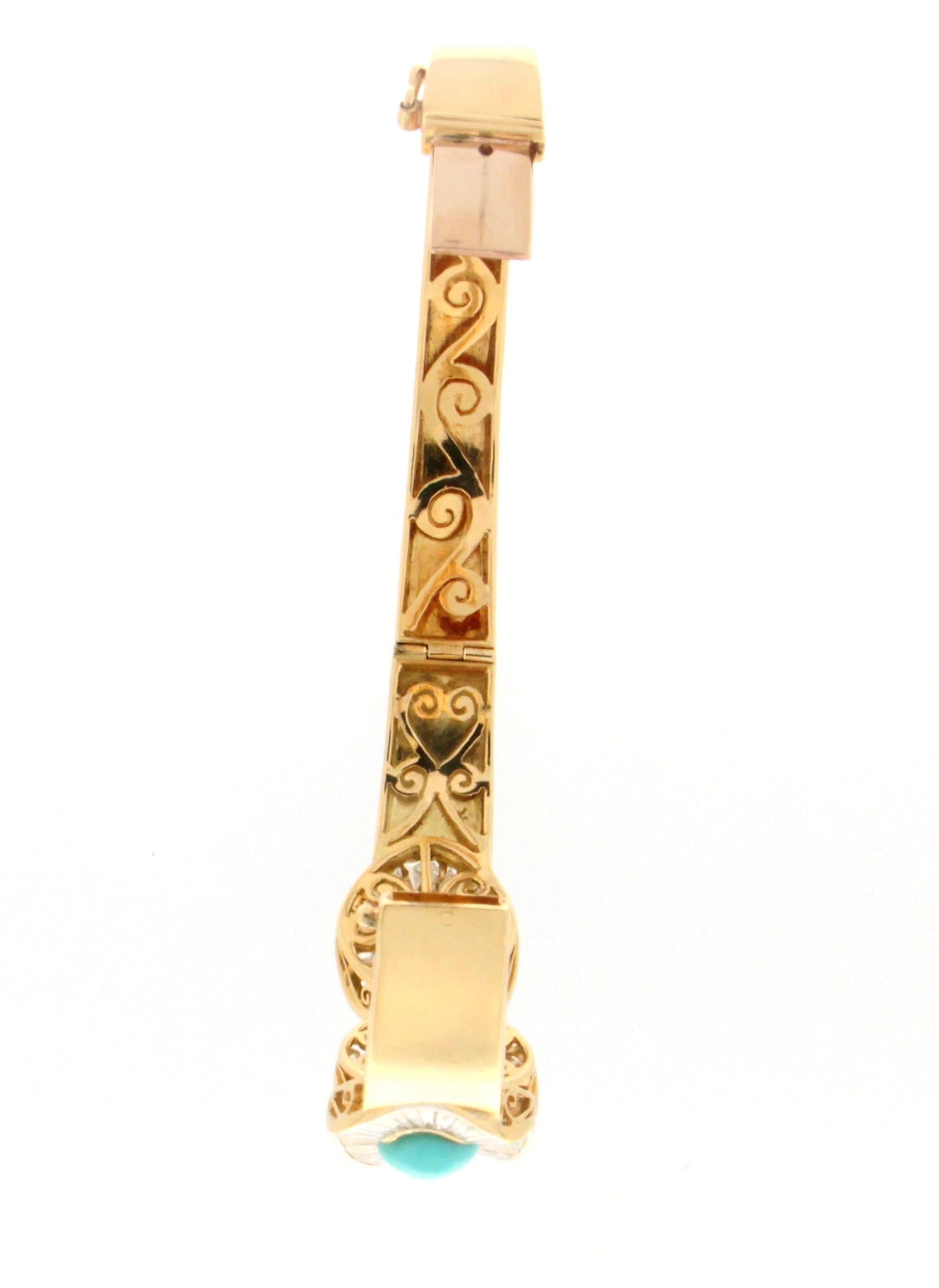 Handcraft Turquoise 18 Karat Yellow Gold Baguette Diamonds Bangle Bracelet For Sale 1