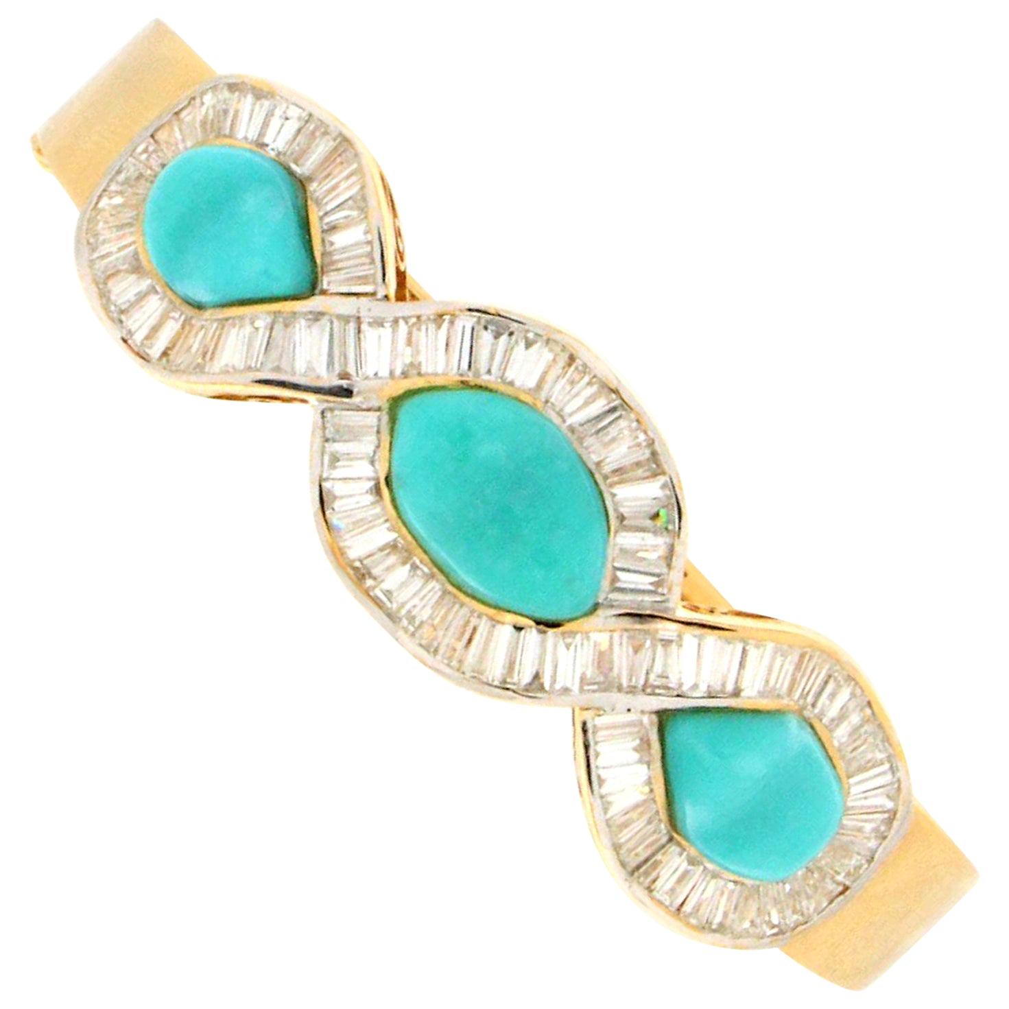 Handcraft Turquoise 18 Karat Yellow Gold Baguette Diamonds Bangle Bracelet For Sale