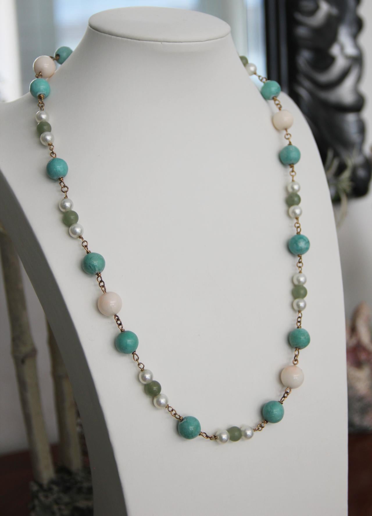 Handcraft Turquoise 18 Karat Yellow Gold Coral Agate Pearls Beaded Necklace In New Condition In Marcianise, IT