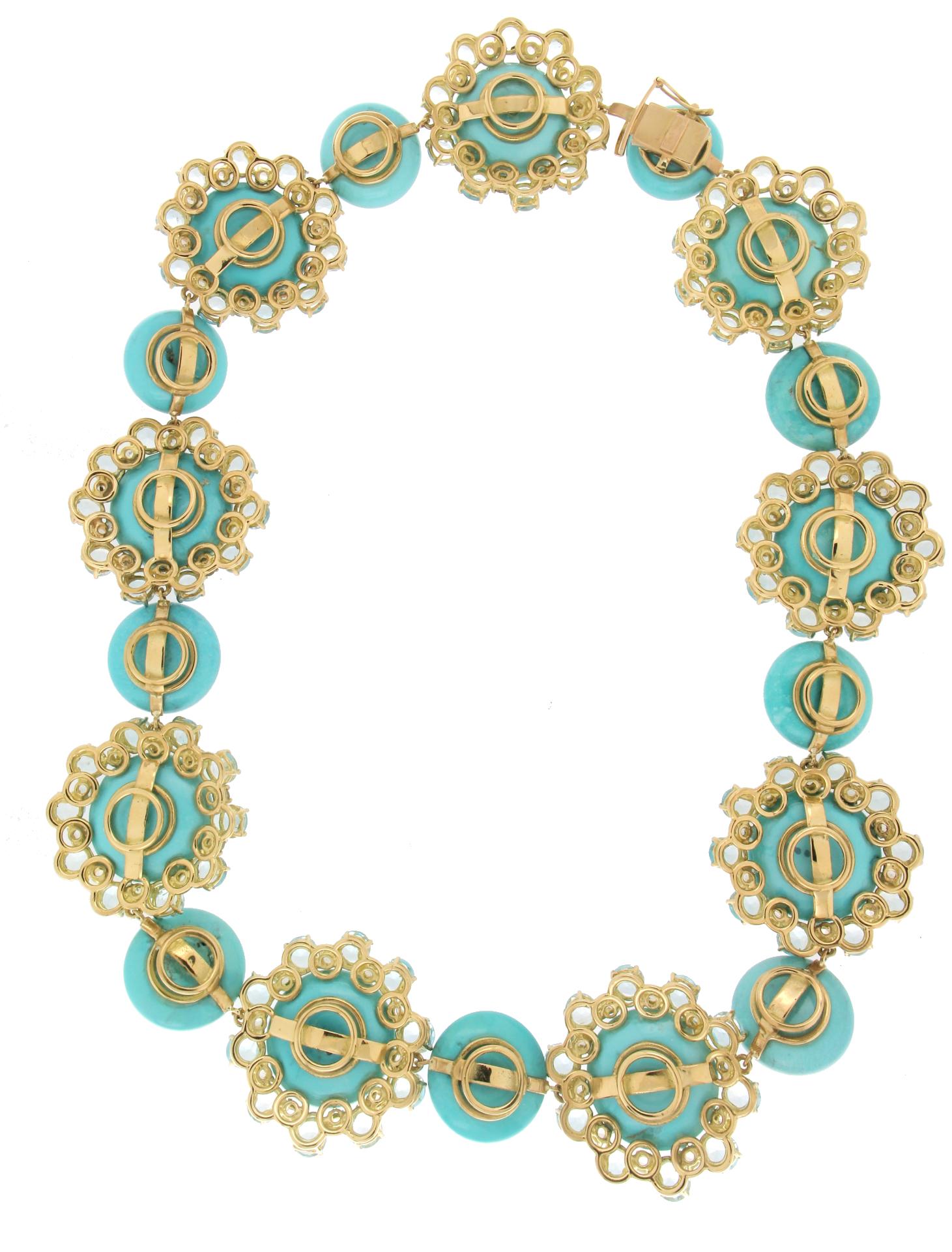 Artisan Handcraft Turquoise 18 Karat Yellow Gold Diamonds Aquamarine Choker Necklace