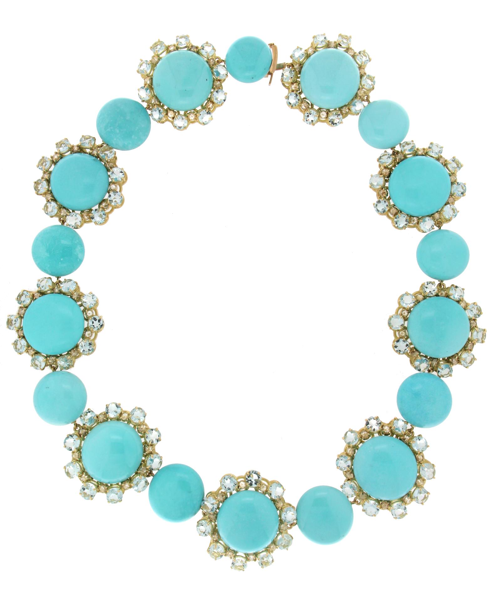 Rose Cut Handcraft Turquoise 18 Karat Yellow Gold Diamonds Aquamarine Choker Necklace