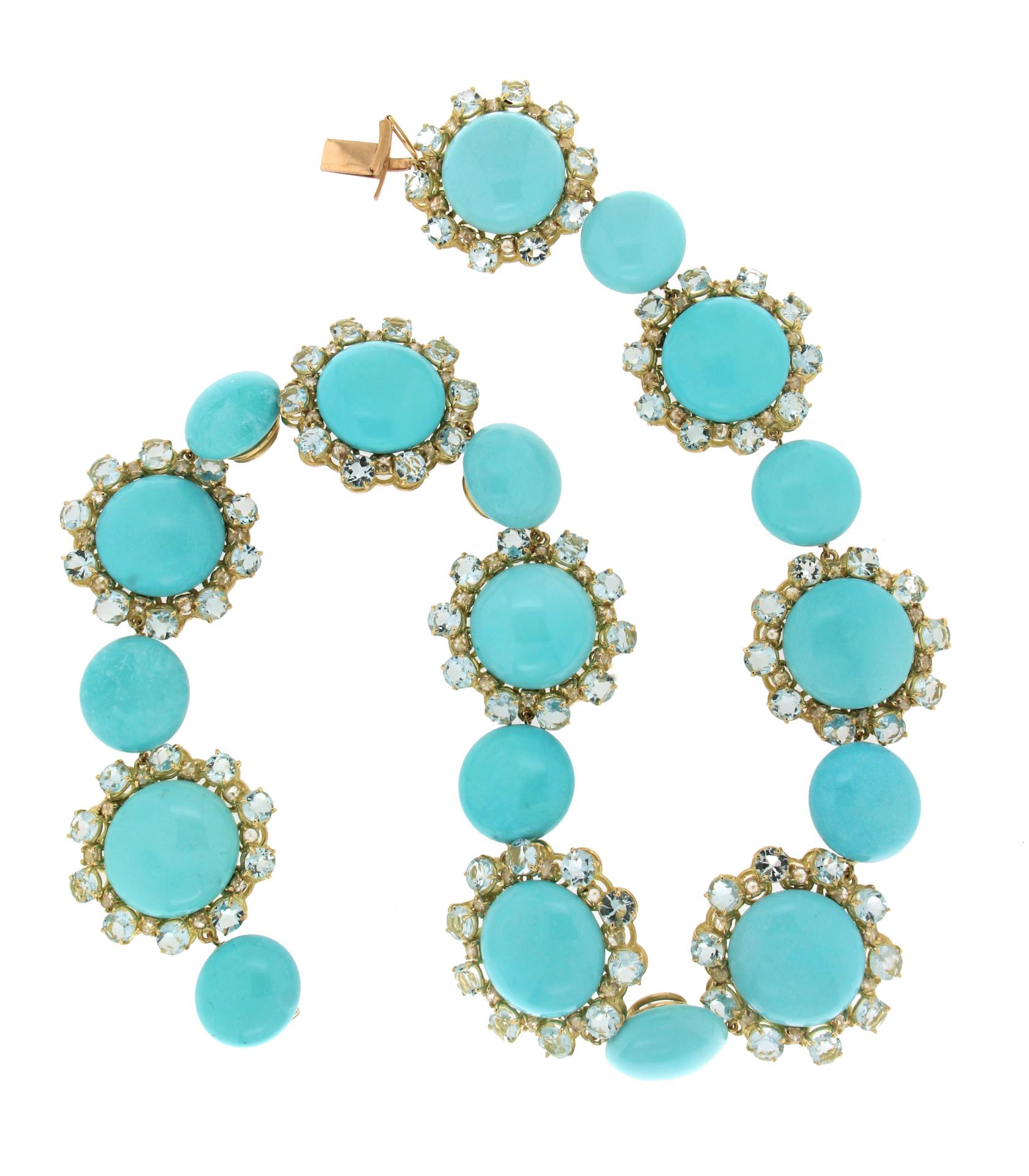 Handcraft Turquoise 18 Karat Yellow Gold Diamonds Aquamarine Choker Necklace In New Condition In Marcianise, IT