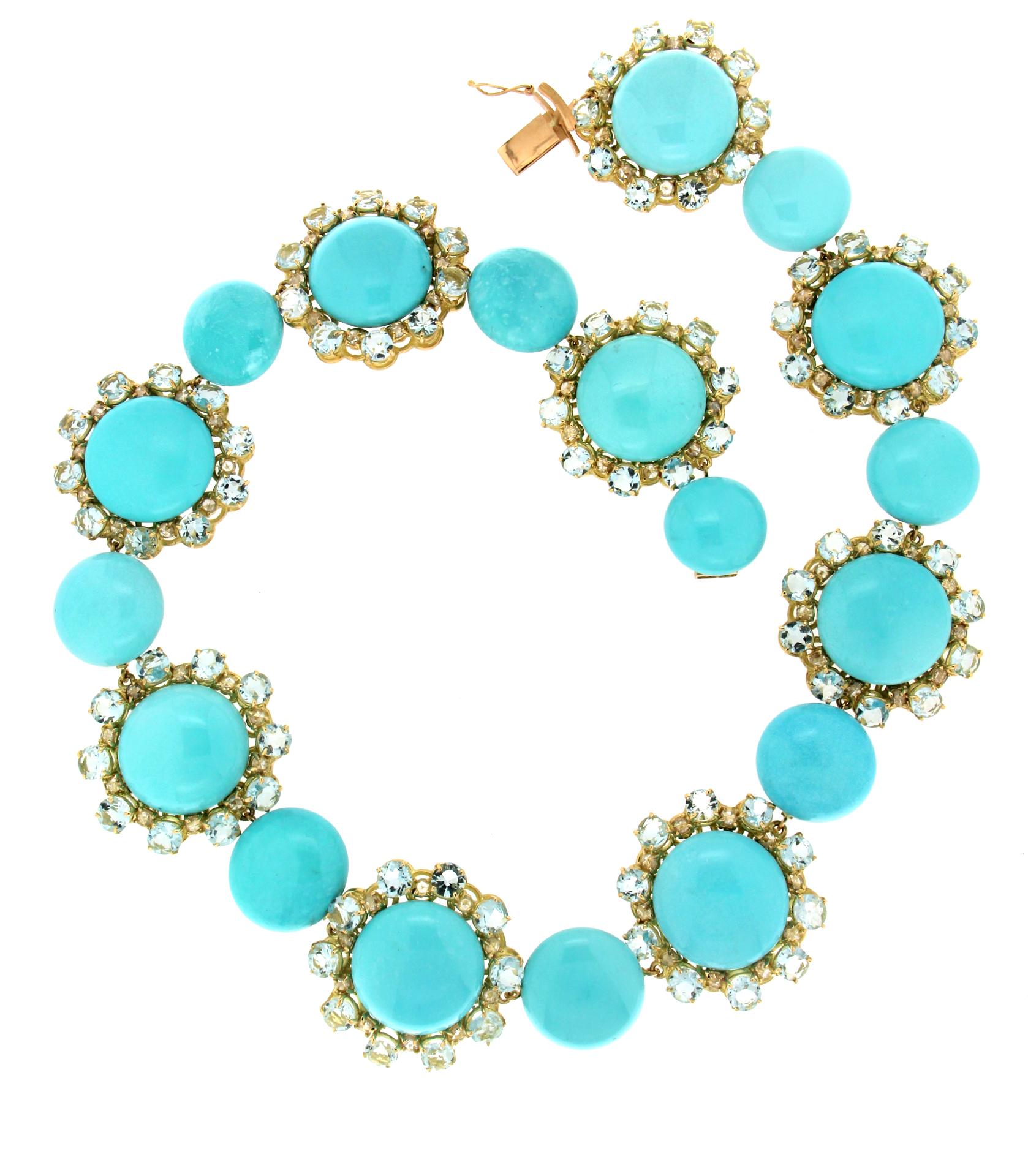 Women's Handcraft Turquoise 18 Karat Yellow Gold Diamonds Aquamarine Choker Necklace