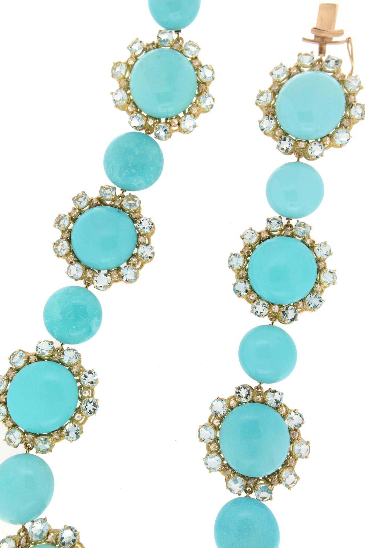 Handcraft Turquoise 18 Karat Yellow Gold Diamonds Aquamarine Choker Necklace 1