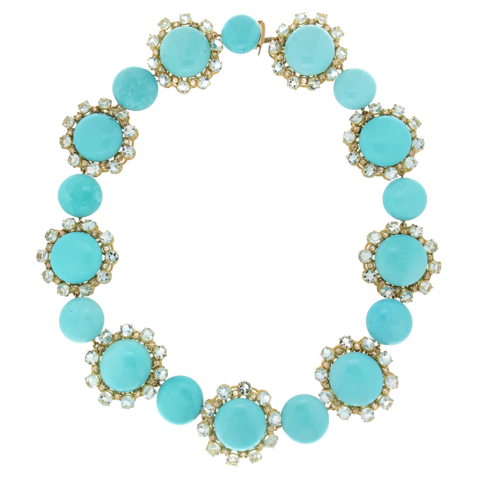 Collier ras de cou artisanal en or jaune 18 carats:: turquoise:: diamants et aigue-marine