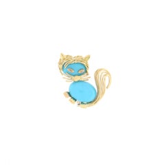 Handcraft Turquoise 18 Karat Yellow Gold Diamonds Cat Brooche