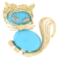Handcraft Turquoise 18 Karat Yellow Gold Diamonds Cat Brooche